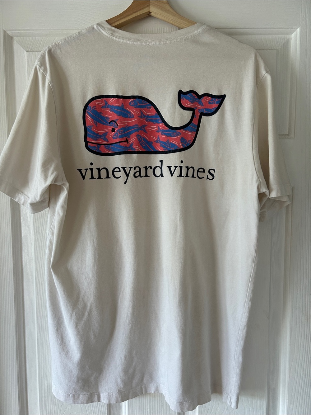 Vineyard Vines Cream Short-Sleeve Tee with Red and Blue Whale Logo